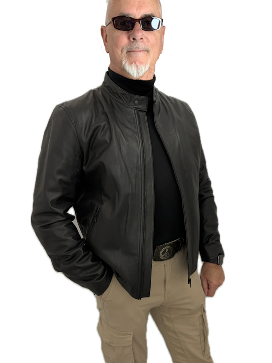 Herren Lederjacke LUKE Olivenleder schwarz laessig geöffnet