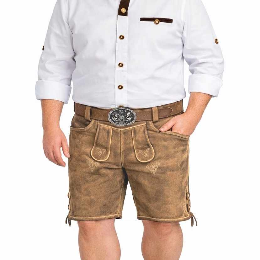 Herren Trachtenhose ALOIS Hirschvelours SAND mit Model weißer Hintergrund