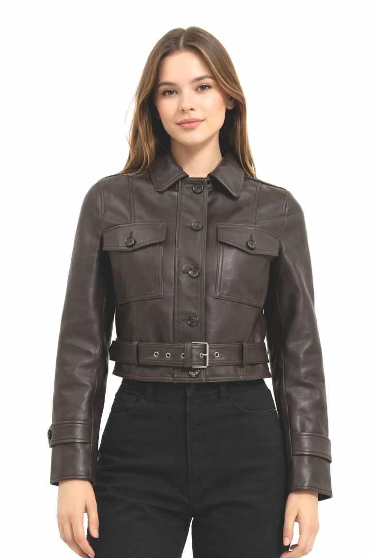 Damen Lederjacke 10802 Lammnappa SOFT Dunkelbraun mit Model weißer Hintergrund