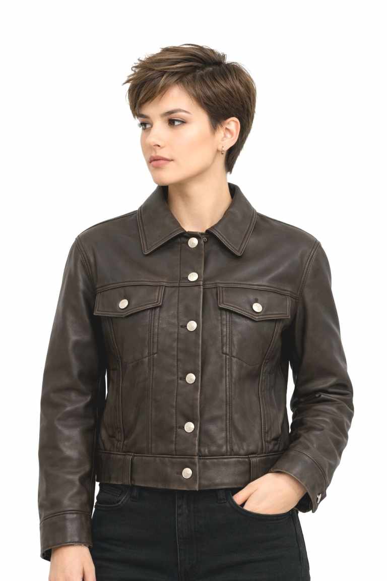 Damen Lederjacke 10804 Jeanstyp Lammnappa BRAUN mit Model weißen Hintergrund