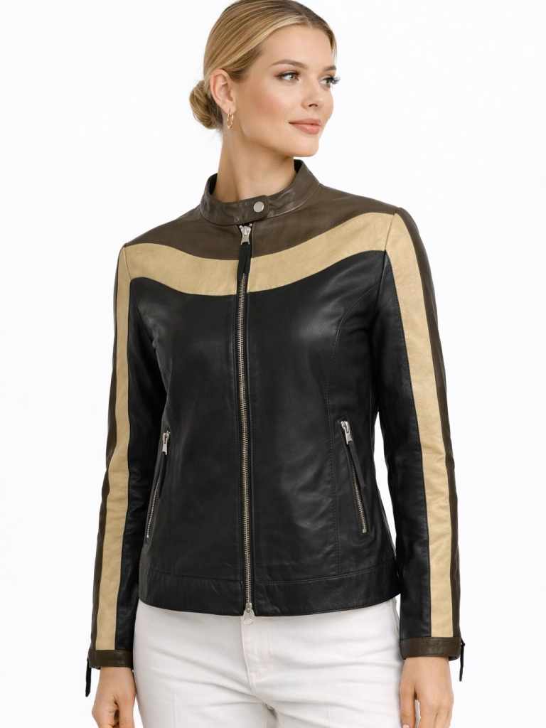 Damen Lederjacke PARIS Lammnappa Schwarz mit Model und weißen Hintergrund
