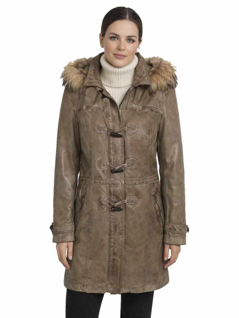 Damen Lederparka mit abnehmbarer Kapuze und echtem Pelzkragen Lammnappa Antik KHAKI mit Model