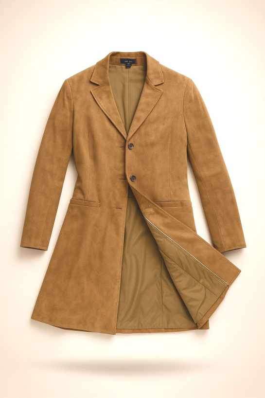 Damen Ledermantel CLEO Ziegenvelours nougat 251121 liegend Vorderseite - Lederbekleidungsversand