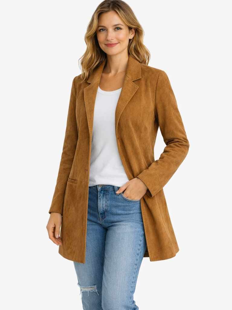 Damen Ledermantel CLEO Ziegenvelours NOUZGAT mit Model weißer Hintergrund 03