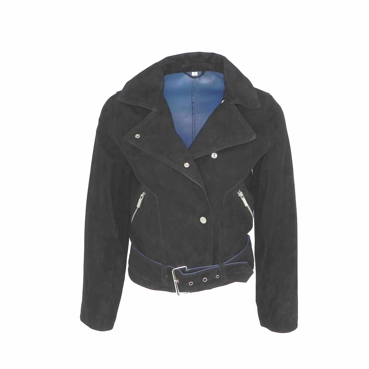 Modell ANNA Damenbiker Ziegenvelours schwarz, Innenseite blaues Nappa - Vorderansicht