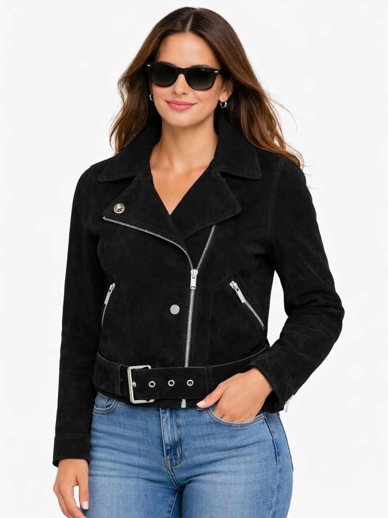 Damen Lederbikerjacke ANNA aus schwarzen Velours Innenseite Nappa blau mit Model Weißen Hintergrund 02