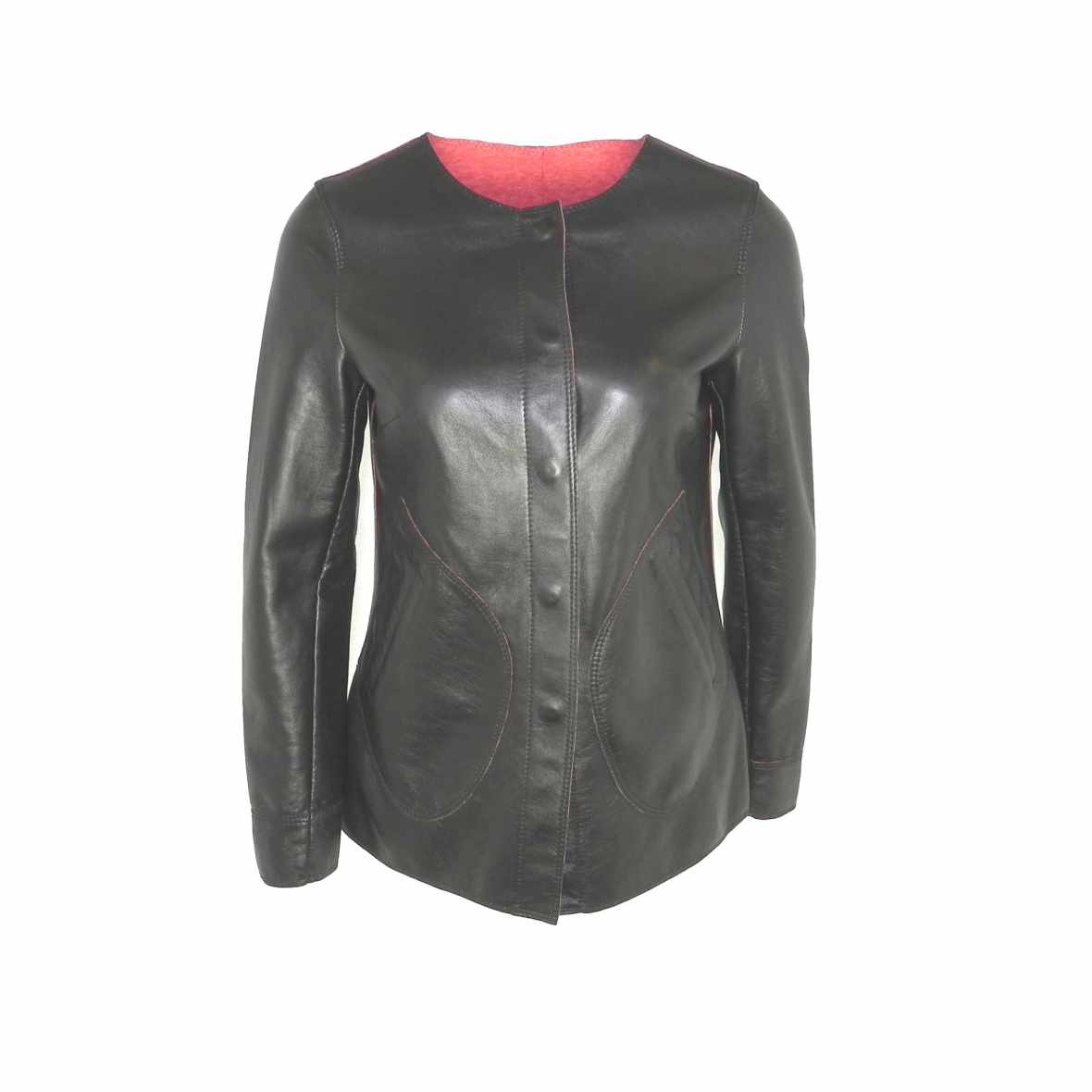 Modell SU kragenlose Lederjacke Lammnappa schwarz - Vorderseite