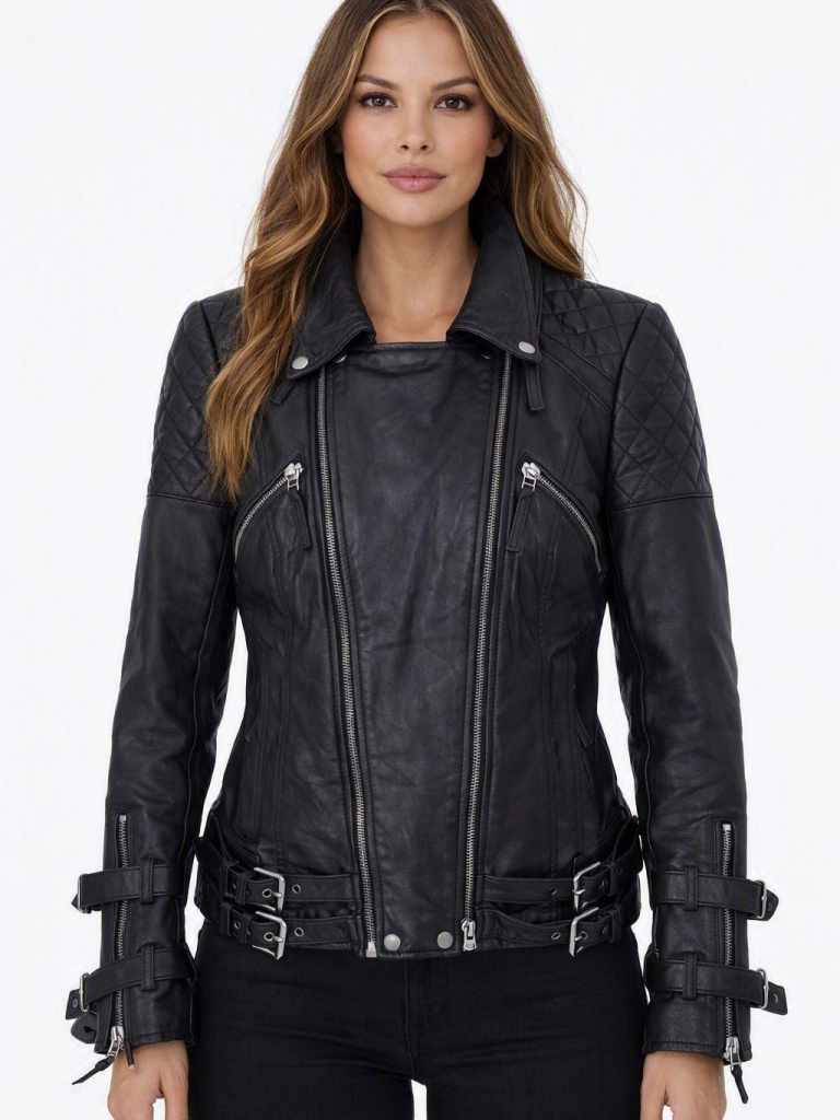 Damen Lederbikerjacke Lammnappa Schwarz - Modell Stella
