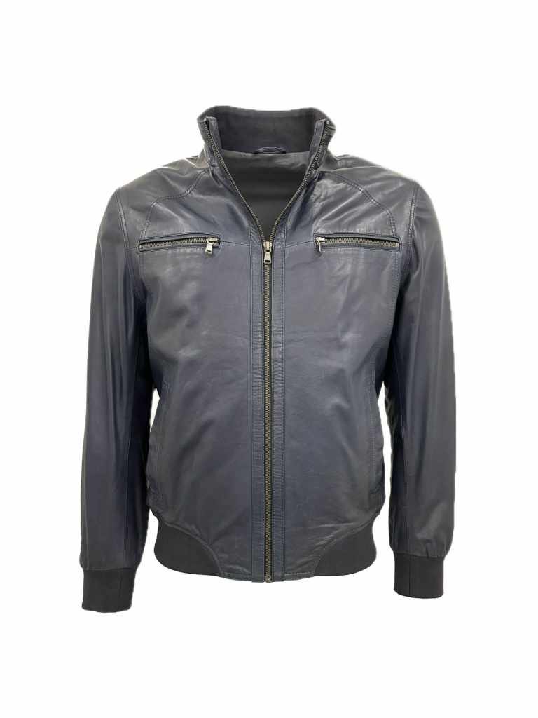 Herren Lederblouson ARON Lammnappa DUNKELBLAU mit Strickbündchen und Strickbund 00