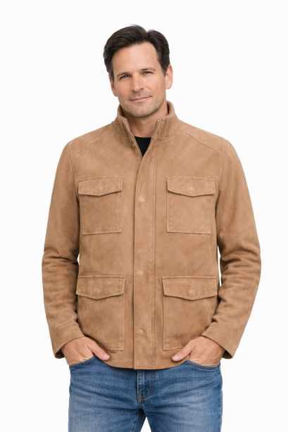 Herren Lederjacke J527 Ziegenvelours Sand vier aufgesetzten Pattentaschen mit Model
