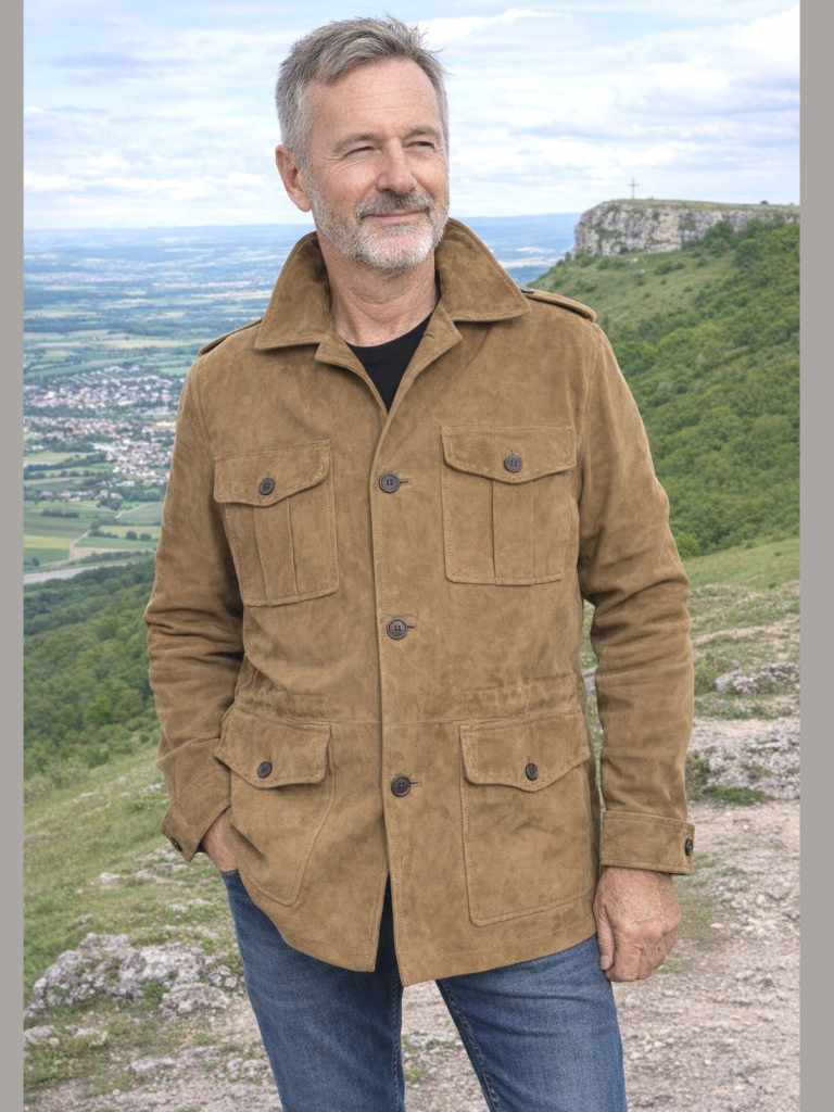 Herren Lederjacke SIMON Ziegenvelours SAND Olivenleder Model 