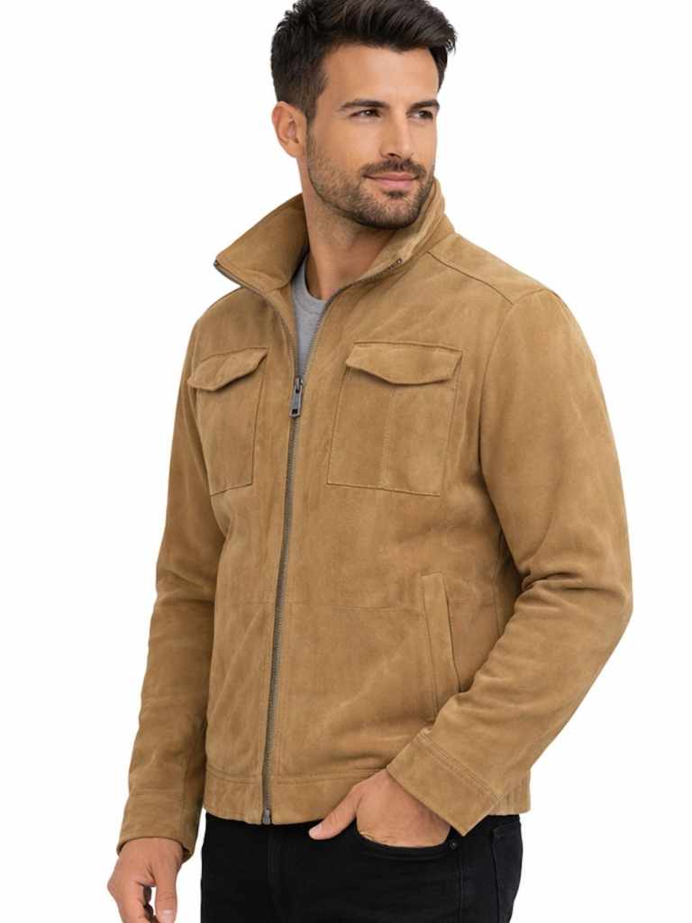Herren Lederjacke FELIX Ziegenvelours SAND mit Model seitlich
