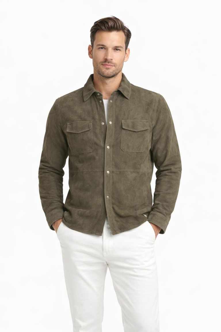 Herren Lederhemdjacke Ziegenvelours Oliv- Modell FINN
