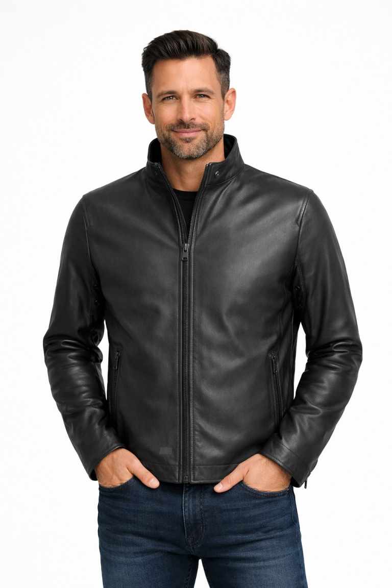 Herren Lederjacke LUKE Lammnappa SCHWARZ MATT Olivenleder Model ohne Hintergrund