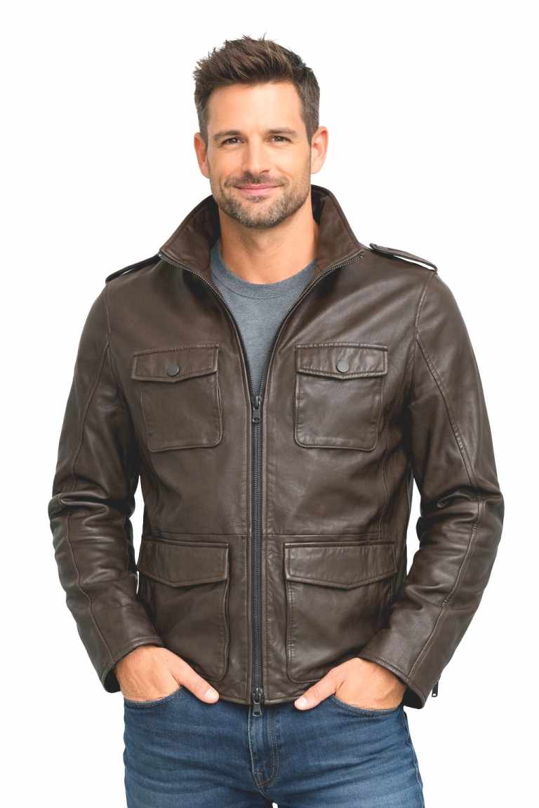 Herren Lederjacke DED Lammnappa DUNKELBRAUN Olivenleder Model ohne Hintergrund