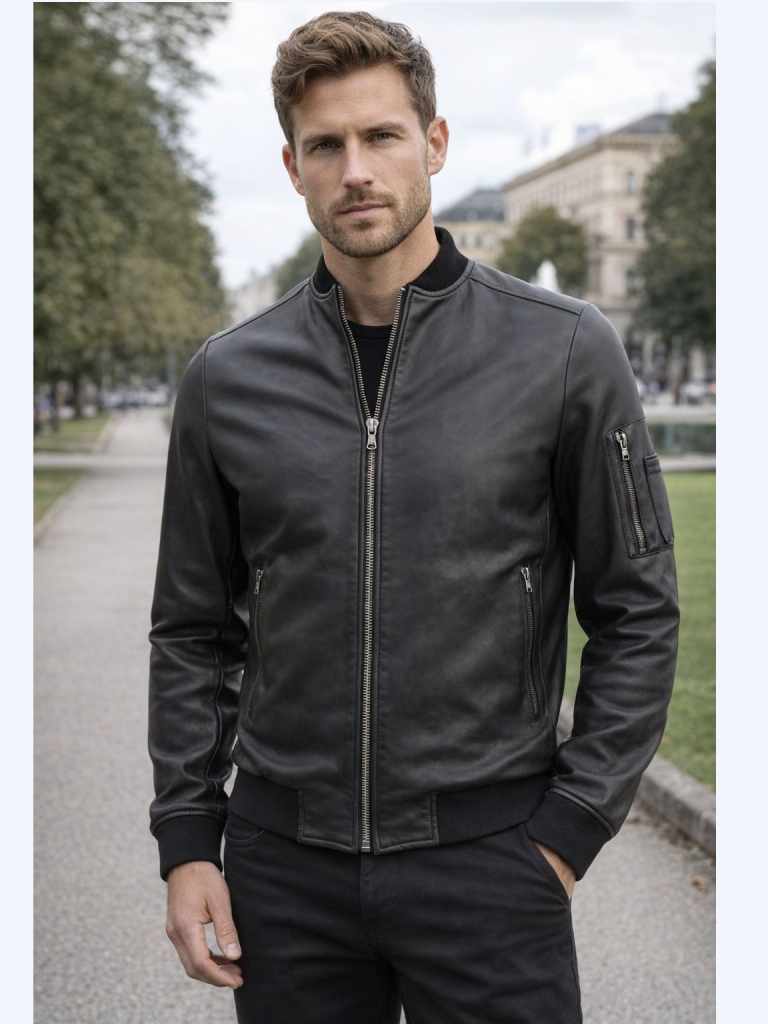 Herren Lederjacke B702 Lammnappa SCHWARZ MATT Olivenleder Model