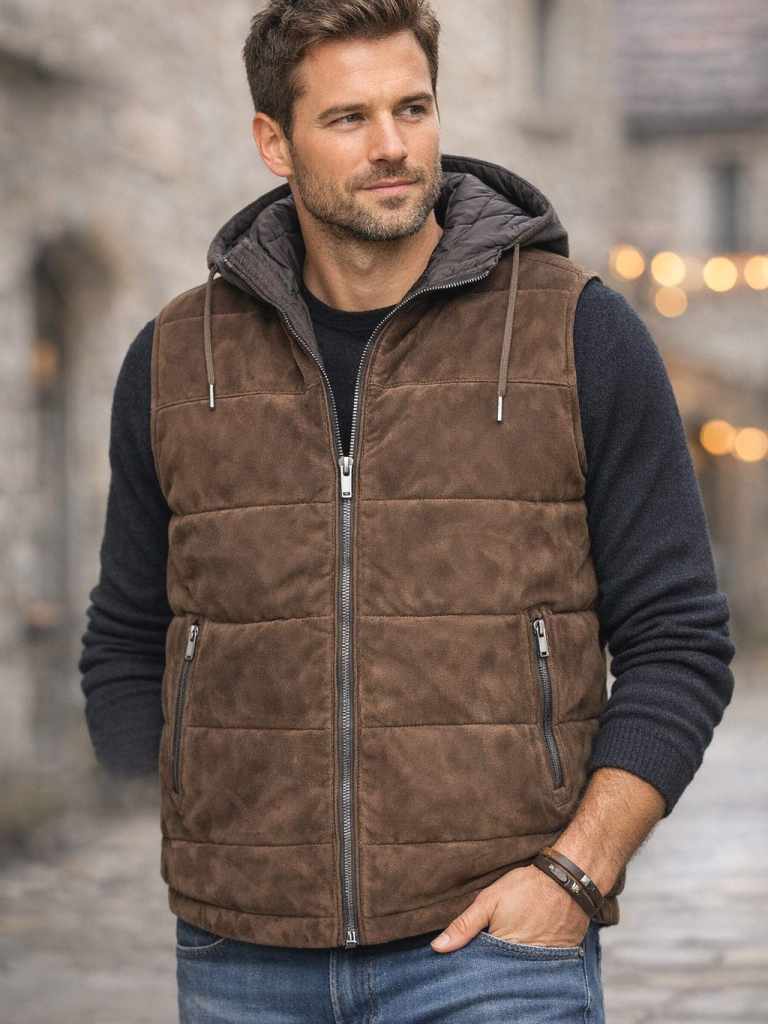 Herren Lederweste CLARK Ziegenvelours Nylon dunkelbraun mit Model